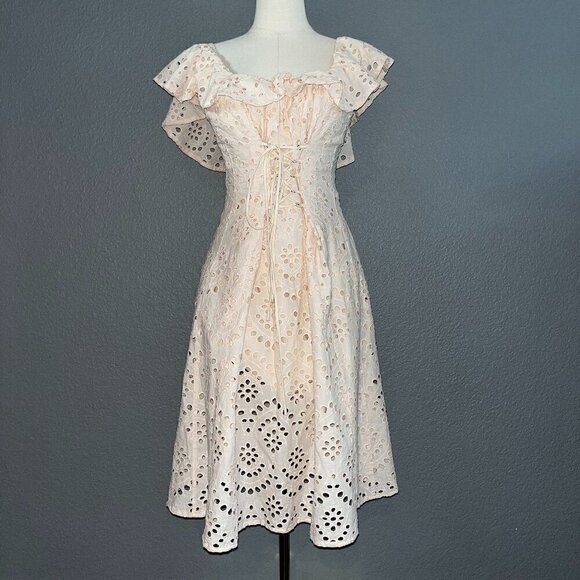 ASTR THE LABEL Eyelet Off Shoulder Lace Up Corset Midi Dress - Coquette Core - S - Picture 1 of 10